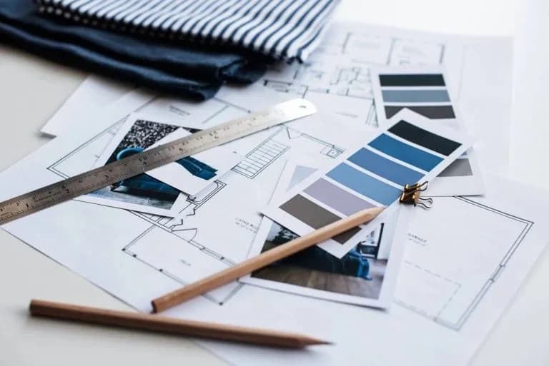 Colour swatches, room plans and fabric samples spread across a table during the quoting and colour choosing stage